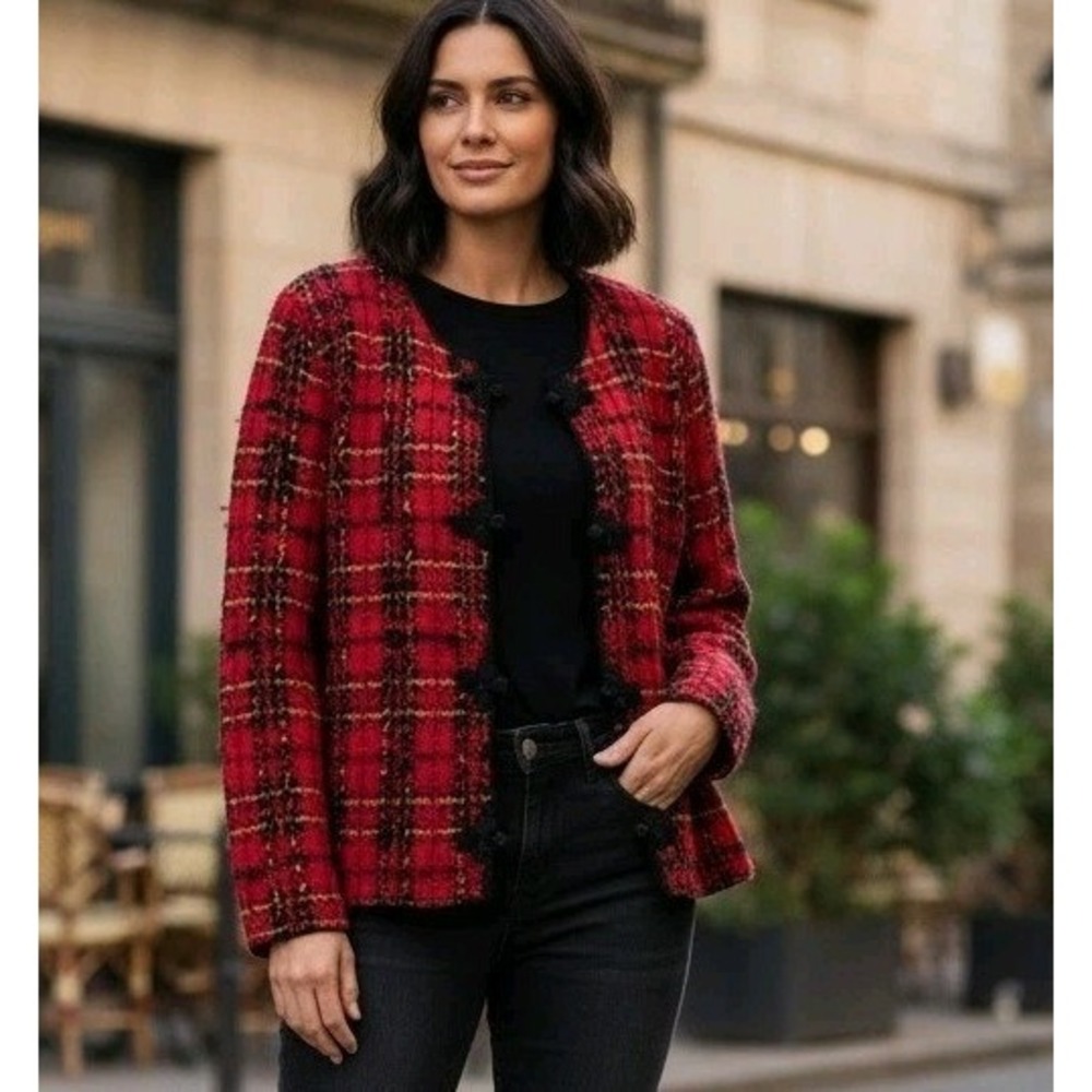 Vtg Susan Bristol Cardigan Sweater Women's M Mohair‎ Wool Red Tartan Plaid Y2K